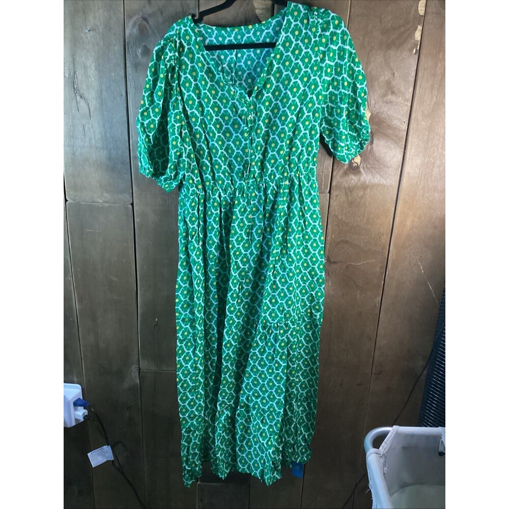 Cupshe Boho Floral Notched Neck Puff Sleeve Midi Dress, Green, Large - Picture 2 of 5